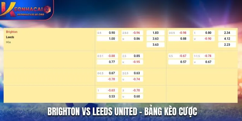 Soi kèo Brighton vs Leeds United - bảng tỷ lệ kèo nhà cái