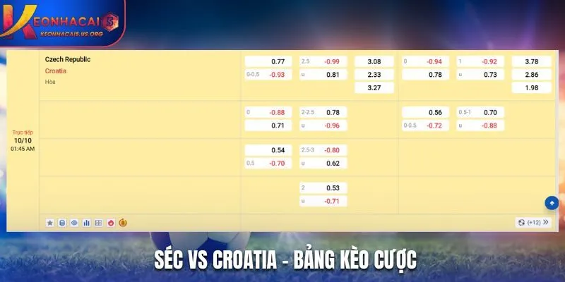 Tỷ lệ bảng kèo trước trận đấu Séc vs Croatia